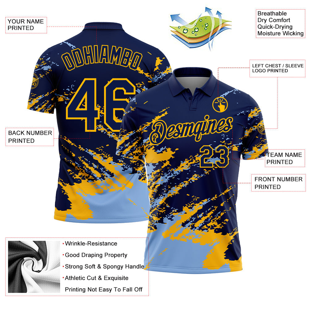 Custom Navy Light Blue-Gold Brush Stroke Shatter Splatter Performance Polo Shirt view 3