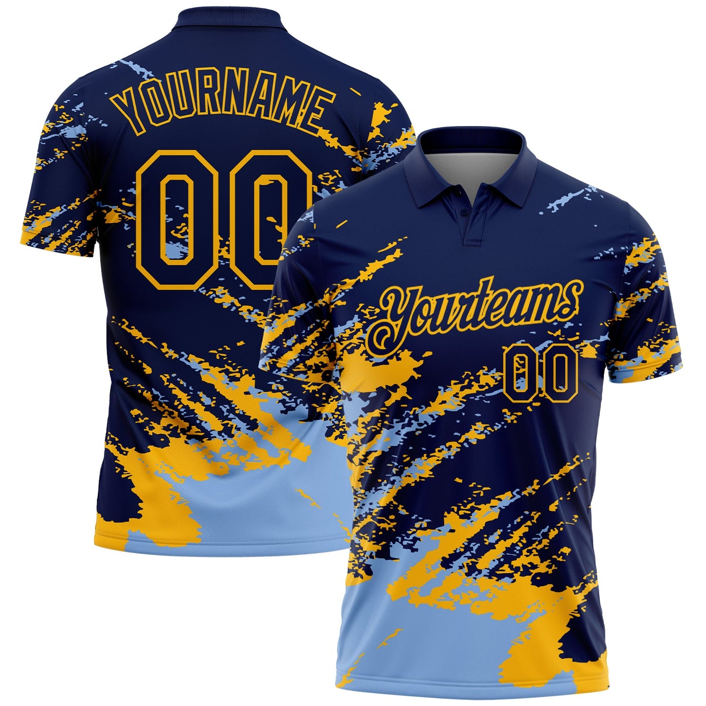Custom Navy Light Blue-Gold Brush Stroke Shatter Splatter Performance Polo Shirt - Main View