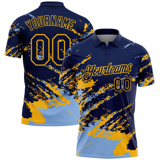 Custom Navy Light Blue-Gold Brush Stroke Shatter Splatter Performance Polo Shirt - Main View