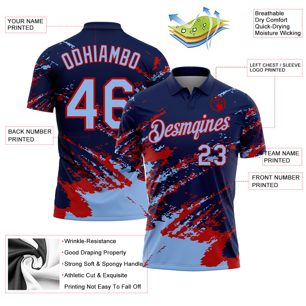 Custom Navy Light Blue-Red Brush Stroke Shatter Splatter Performance Polo Shirt view 3