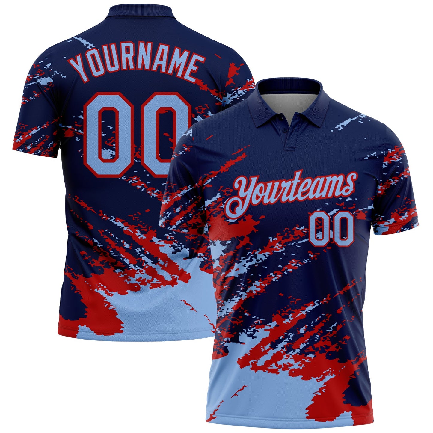 Custom Navy Light Blue-Red Brush Stroke Shatter Splatter Performance Polo Shirt - Main View