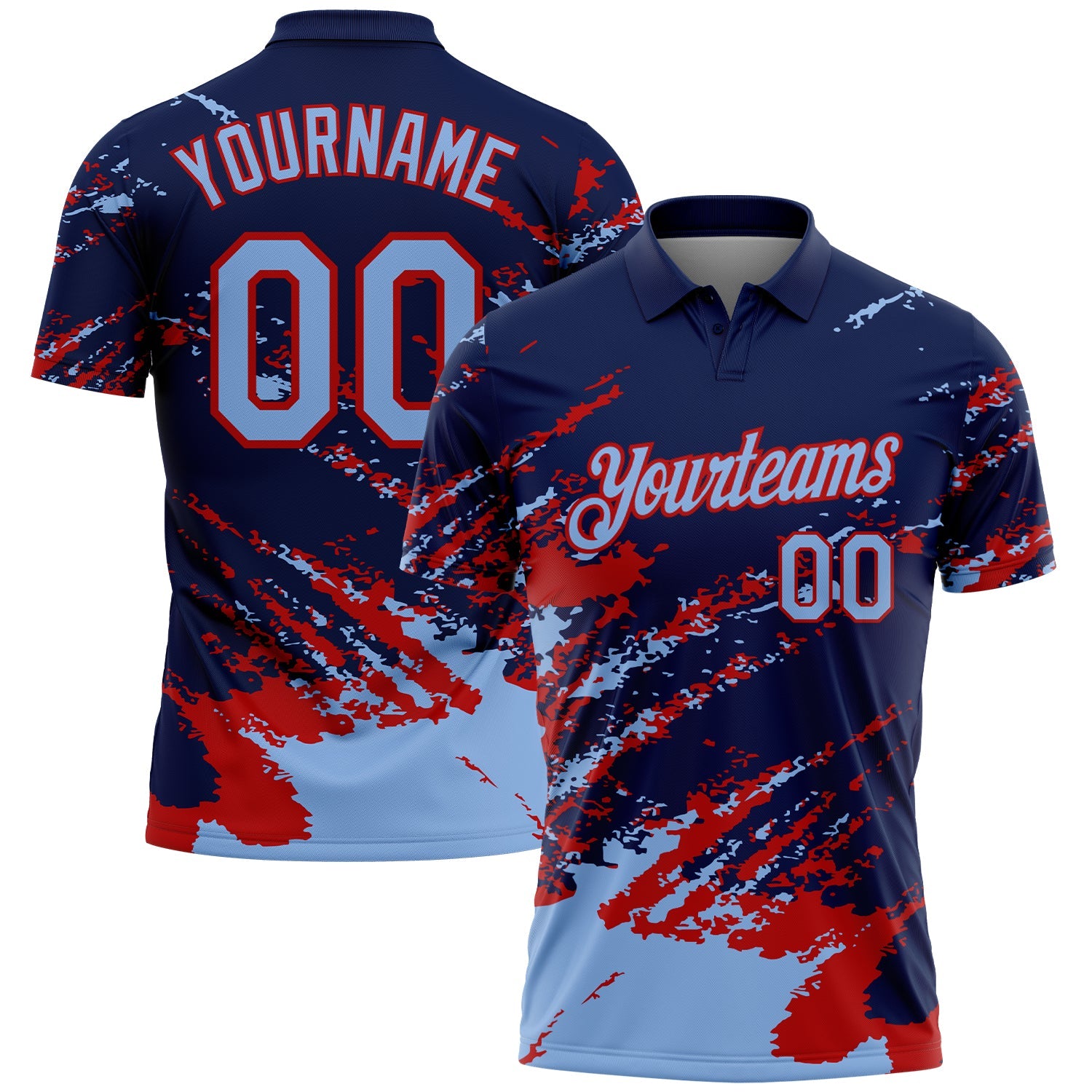 Custom Navy Light Blue-Red Brush Stroke Shatter Splatter Performance Polo Shirt - Main View
