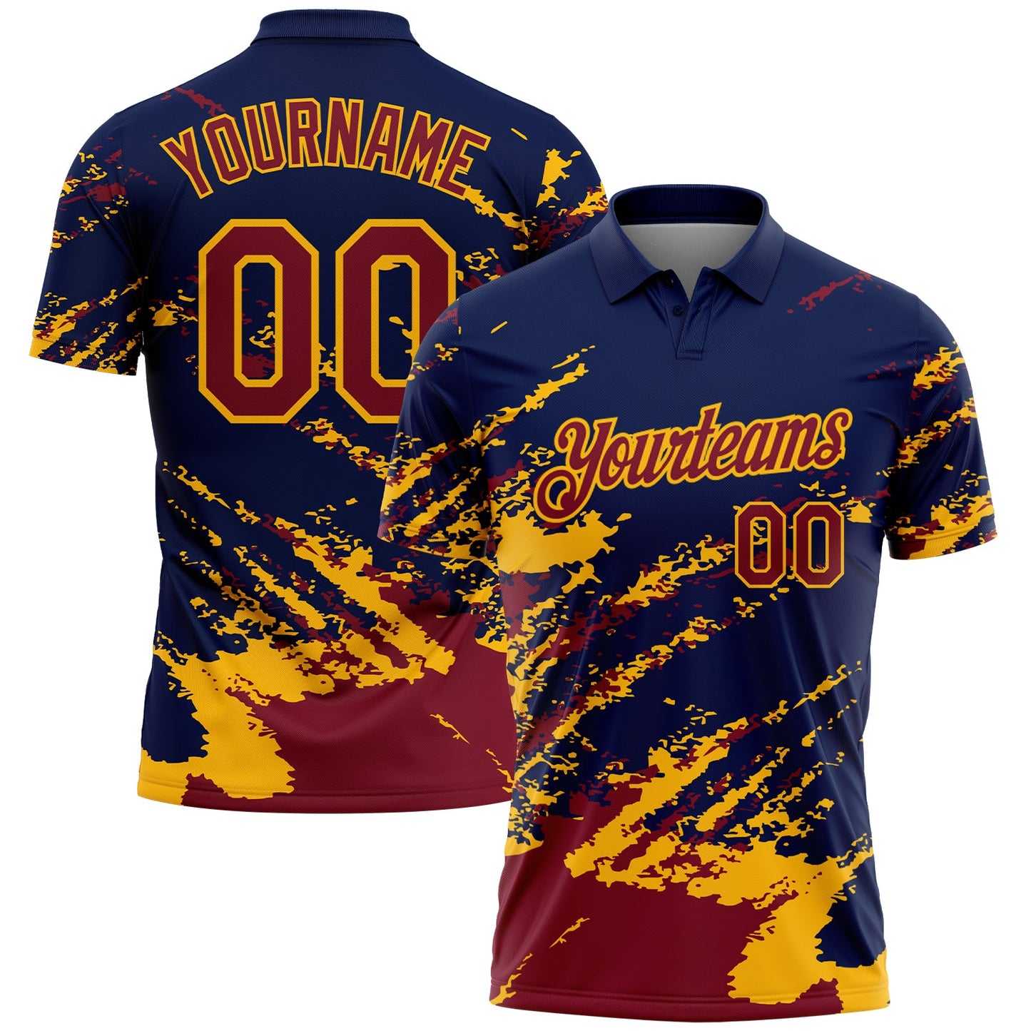 Custom Navy Crimson-Gold Brush Stroke Shatter Splatter Performance Polo Shirt - Main View