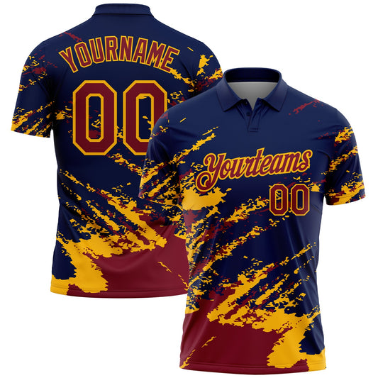 Custom Navy Crimson-Gold Brush Stroke Shatter Splatter Performance Polo Shirt - Main View