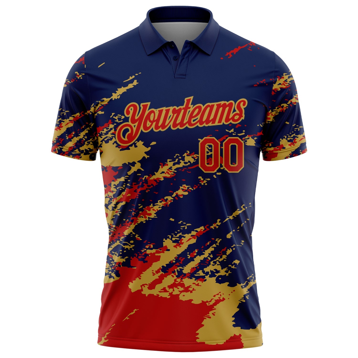 Custom Navy Red-Old Gold Brush Stroke Shatter Splatter Performance Polo Shirt view 2