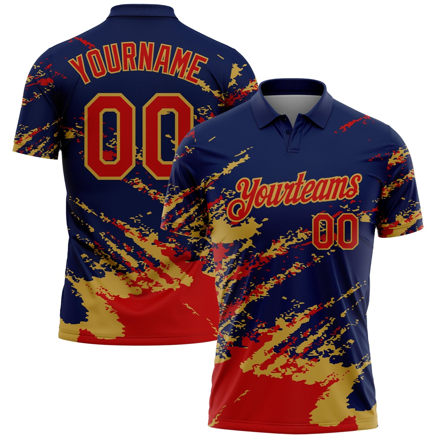 Custom Navy Red-Old Gold Brush Stroke Shatter Splatter Performance Polo Shirt - Main View