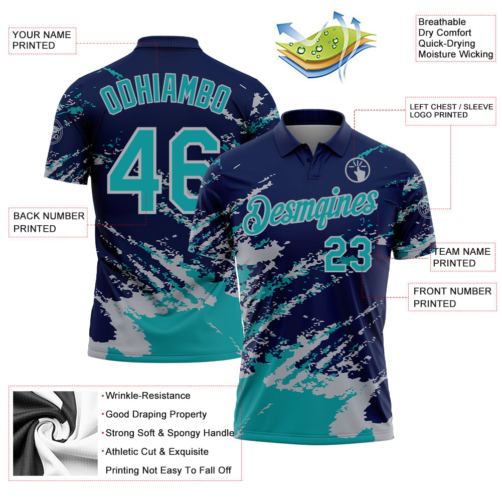 Custom Navy Teal-Gray Brush Stroke Shatter Splatter Performance Polo Shirt view 3