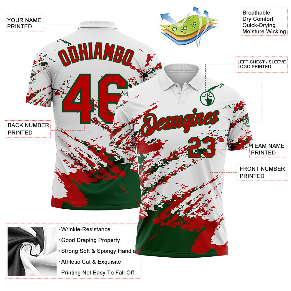 Custom White Red-Green Brush Stroke Shatter Splatter Performance Polo Shirt view 3