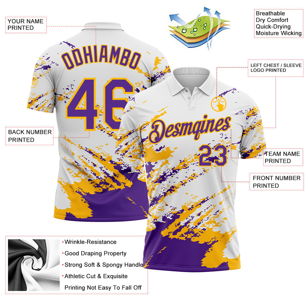 Custom White Purple-Gold Brush Stroke Shatter Splatter Performance Polo Shirt view 3