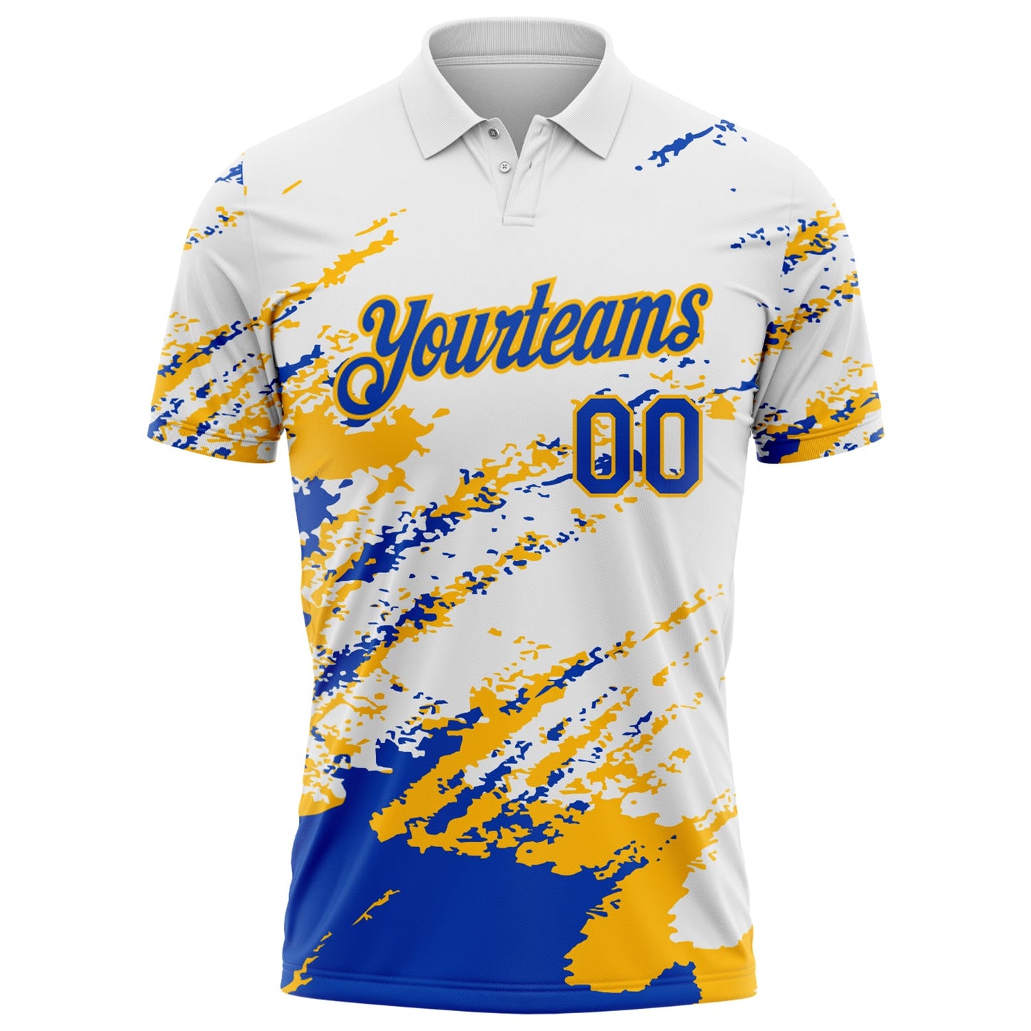 Custom White Thunder Blue-Gold Brush Stroke Shatter Splatter Performance Polo Shirt view 2