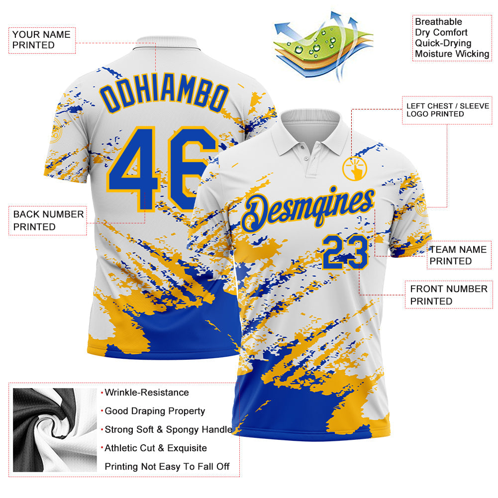 Custom White Thunder Blue-Gold Brush Stroke Shatter Splatter Performance Polo Shirt view 3