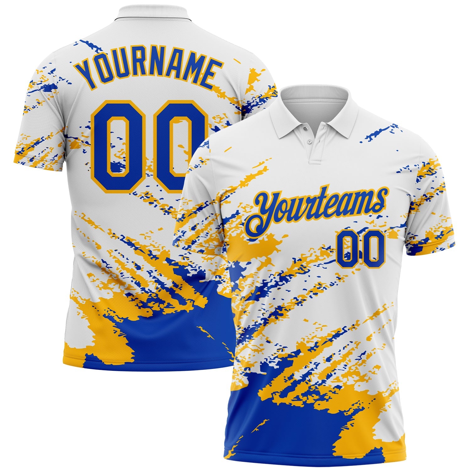 Custom White Thunder Blue-Gold Brush Stroke Shatter Splatter Performance Polo Shirt - Main View