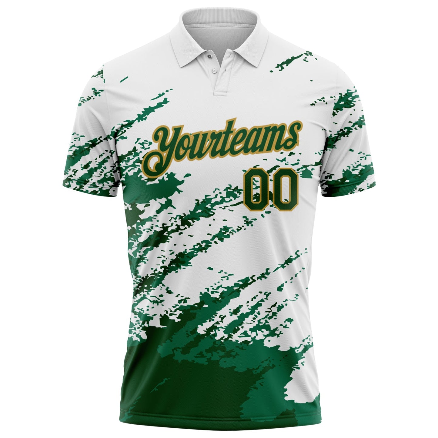Custom White Green Kelly Green-Old Gold Brush Stroke Shatter Splatter Performance Polo Shirt view 2