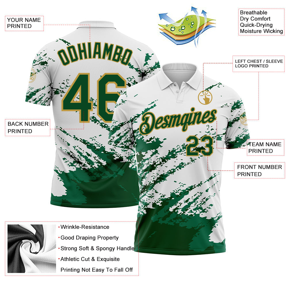 Custom White Green Kelly Green-Old Gold Brush Stroke Shatter Splatter Performance Polo Shirt view 3