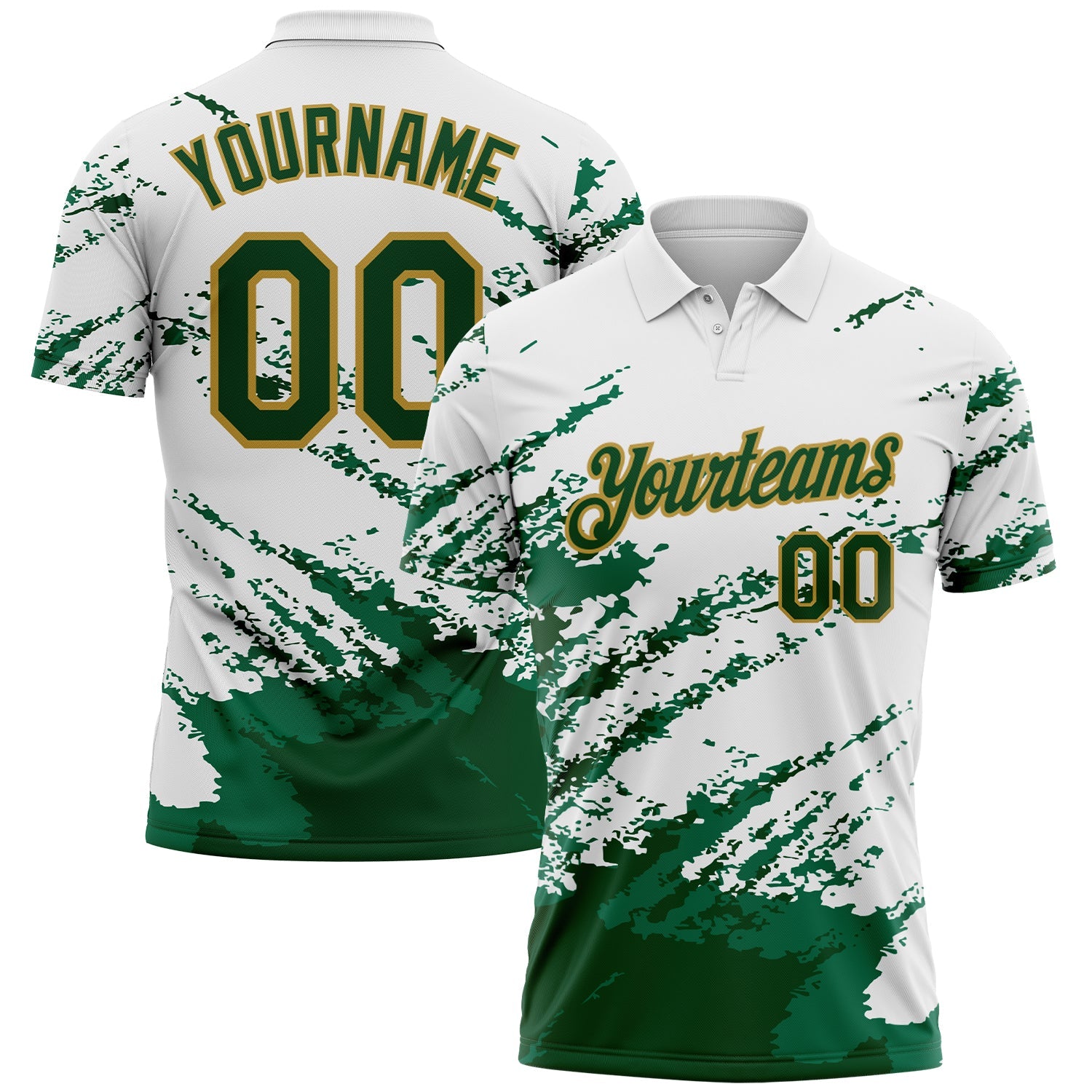 Custom White Green Kelly Green-Old Gold Brush Stroke Shatter Splatter Performance Polo Shirt - Main View