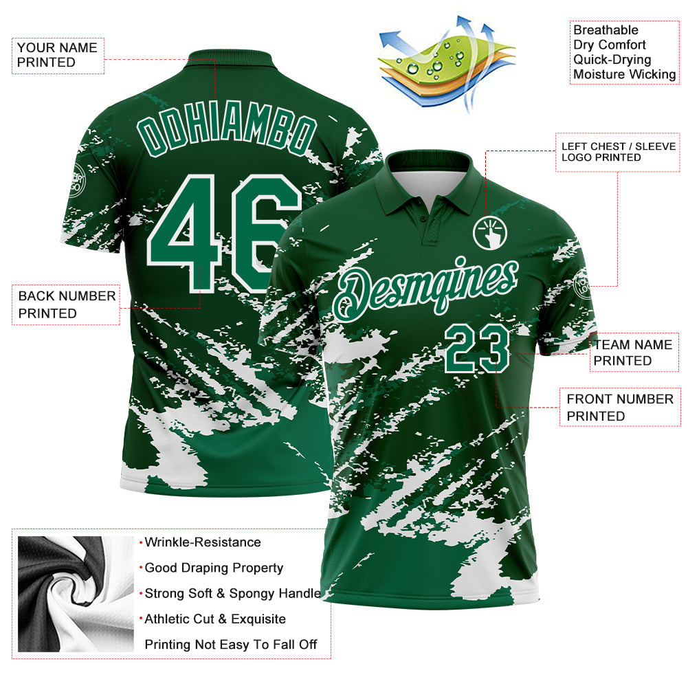 Custom Green Kelly Green-White Brush Stroke Shatter Splatter Performance Polo Shirt view 3