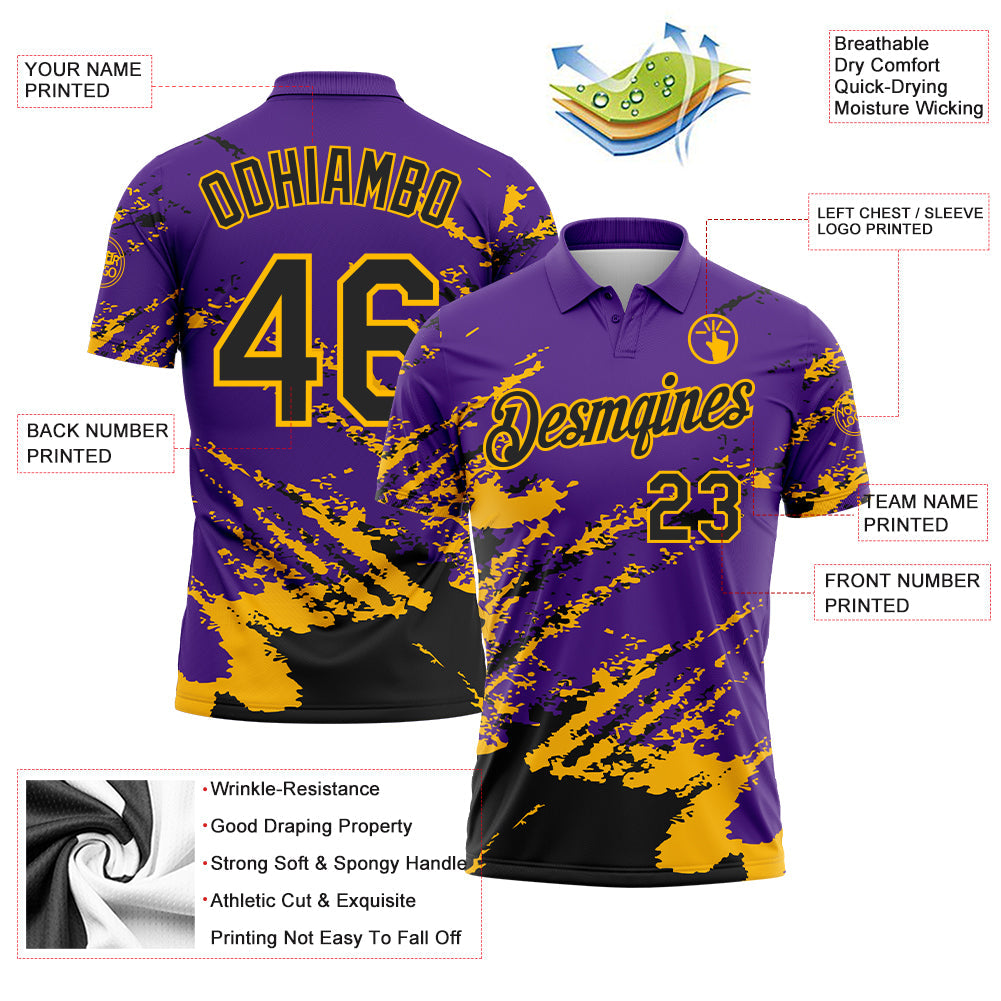 Custom Purple Black-Gold Brush Stroke Shatter Splatter Performance Polo Shirt view 3