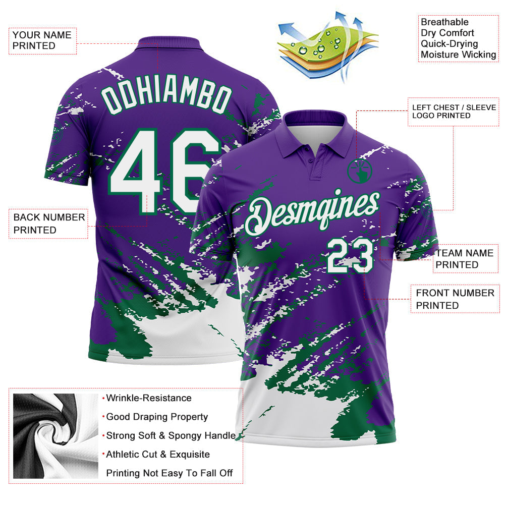 Custom Purple White-Kelly Green Brush Stroke Shatter Splatter Performance Polo Shirt view 3