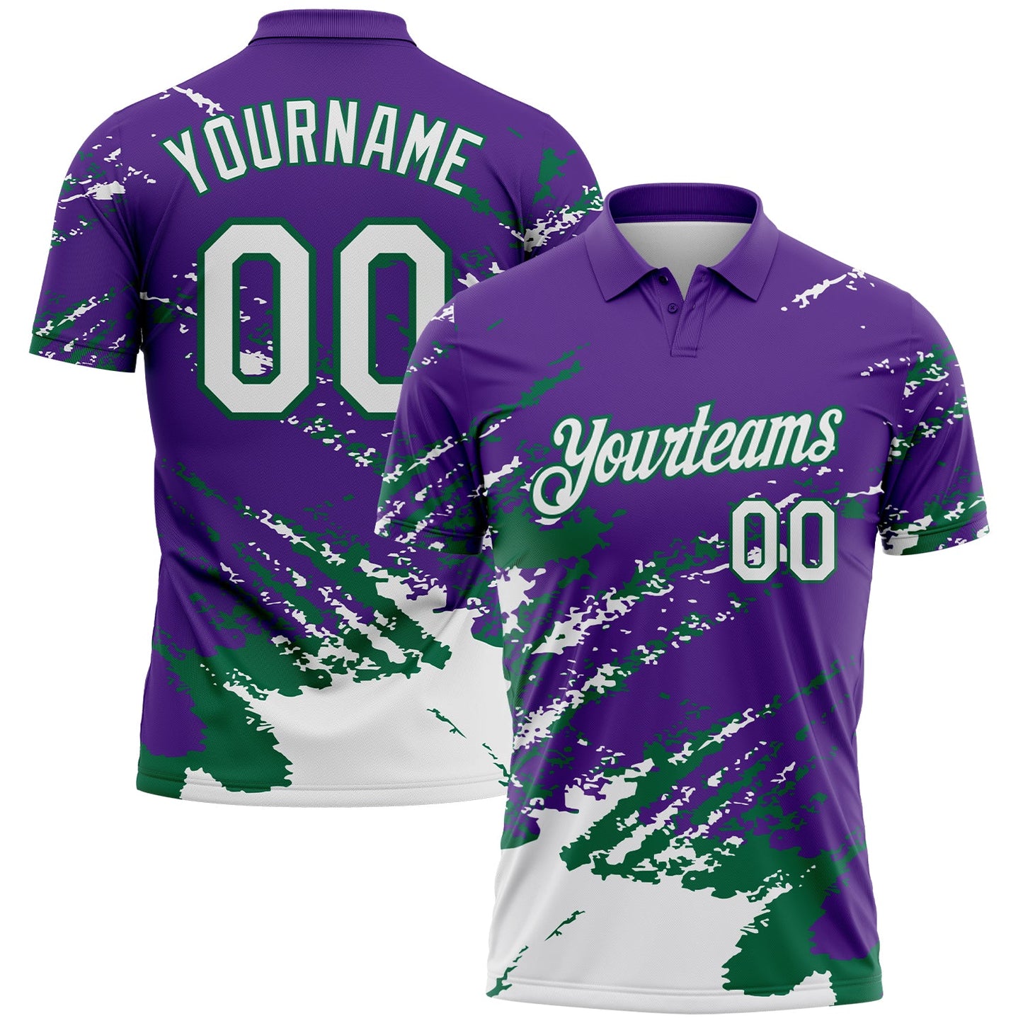 Custom Purple White-Kelly Green Brush Stroke Shatter Splatter Performance Polo Shirt - Main View
