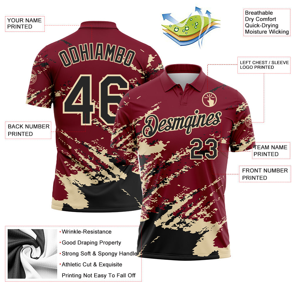 Custom Crimson Black-Cream Brush Stroke Shatter Splatter Performance Polo Shirt view 3