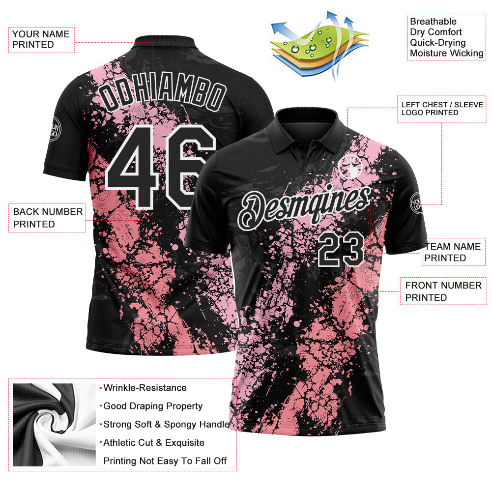 Custom Black Light Pink Medium Pink-White Dripping Splatter Cracked Texture Performance Polo Shirt view 3
