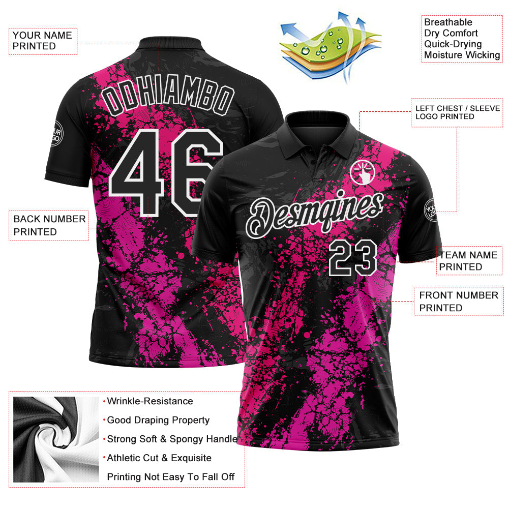 Custom Black Hot Pink Deep Pink-White Dripping Splatter Cracked Texture Performance Polo Shirt view 3