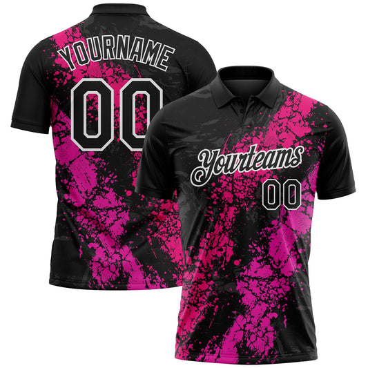 Custom Black Hot Pink Deep Pink-White Dripping Splatter Cracked Texture Performance Polo Shirt - Main View