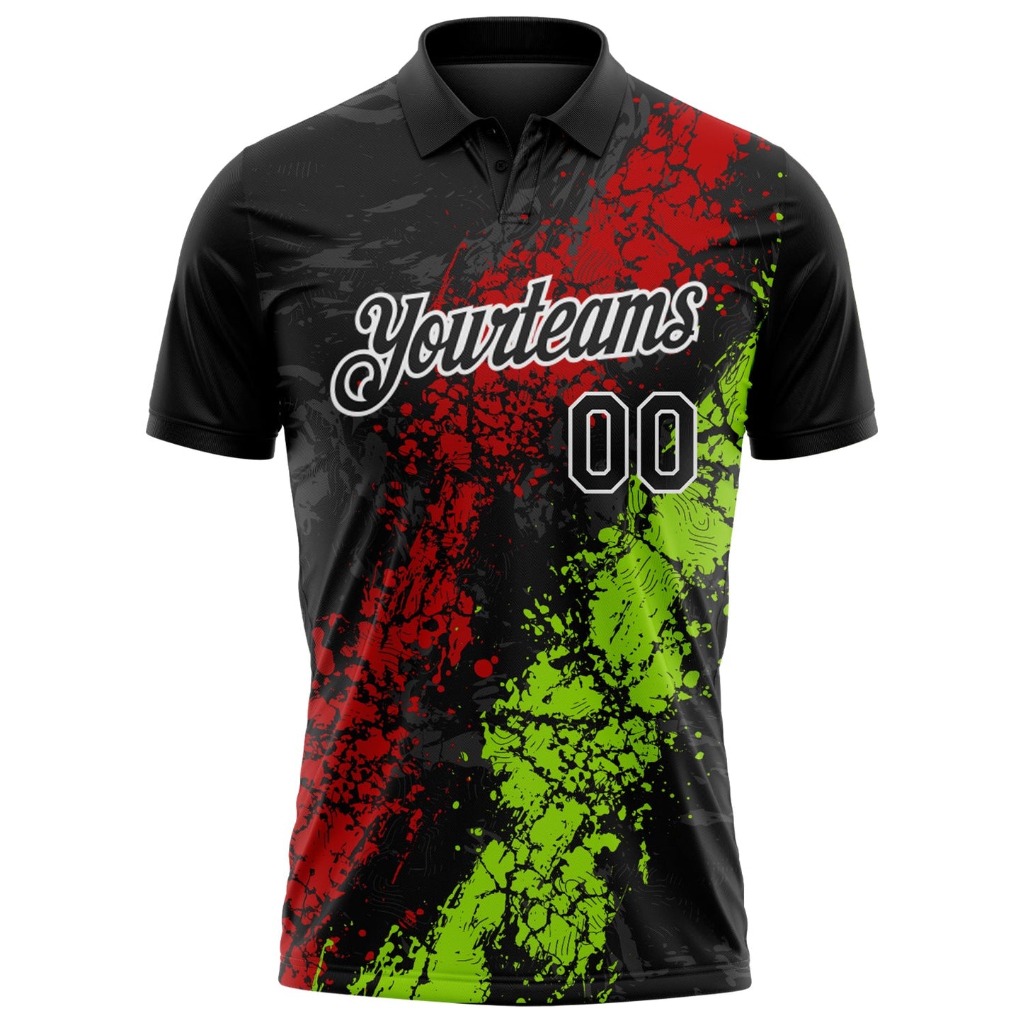 Custom Black Red Neon Green-White Dripping Splatter Cracked Texture Performance Polo Shirt view 2
