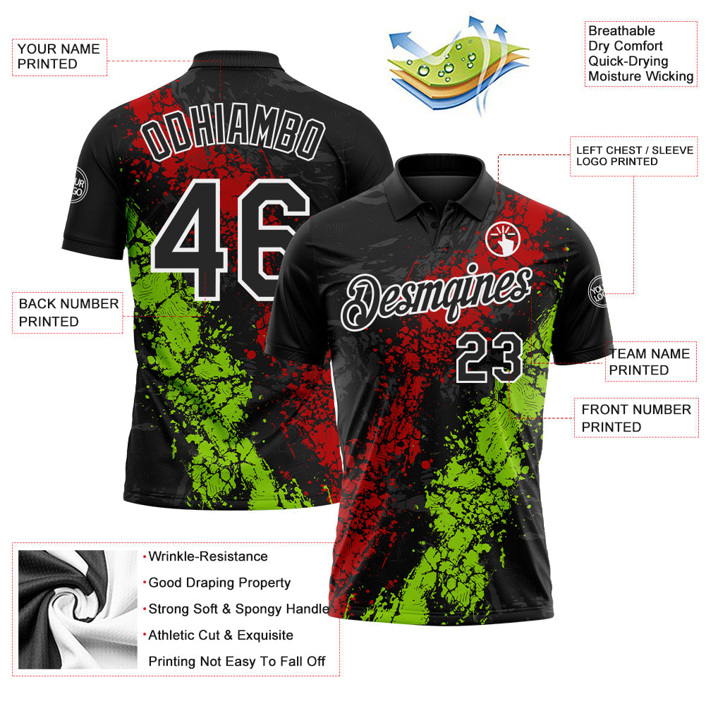 Custom Black Red Neon Green-White Dripping Splatter Cracked Texture Performance Polo Shirt view 3
