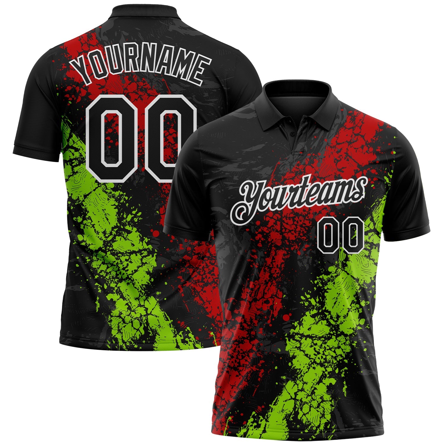 Custom Black Red Neon Green-White Dripping Splatter Cracked Texture Performance Polo Shirt - Main View