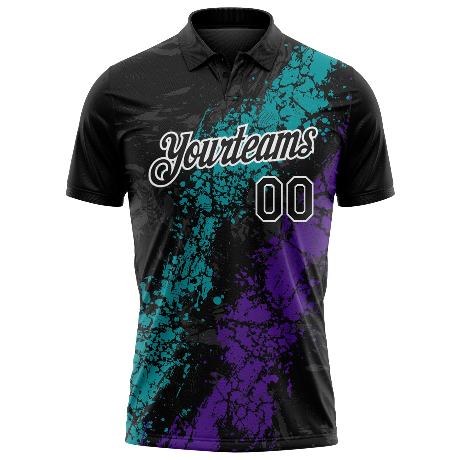 Custom Black Teal Purple-White Dripping Splatter Cracked Texture Performance Polo Shirt view 2