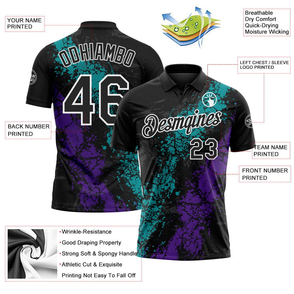 Custom Black Teal Purple-White Dripping Splatter Cracked Texture Performance Polo Shirt view 3