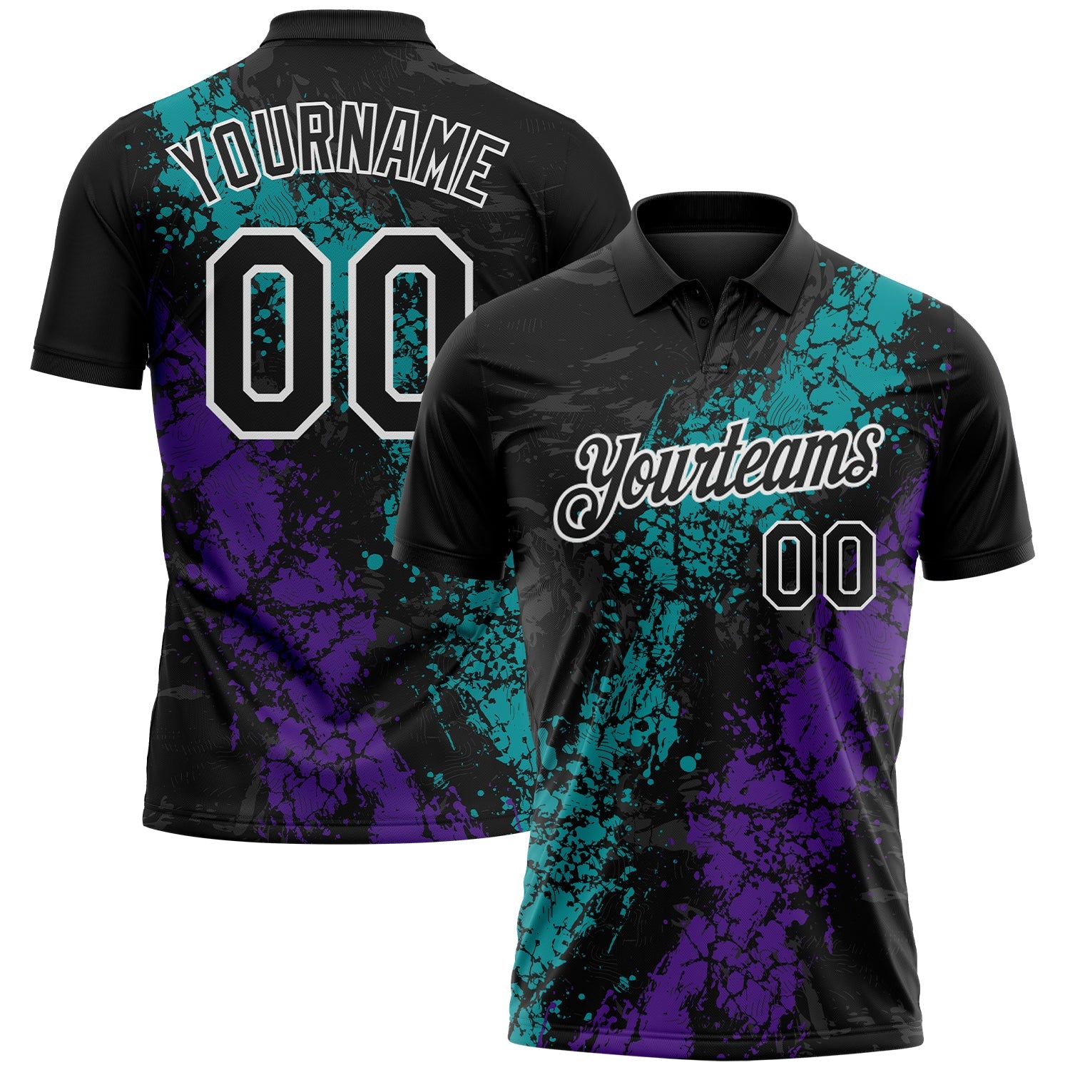 Custom Black Teal Purple-White Dripping Splatter Cracked Texture Performance Polo Shirt - Main View