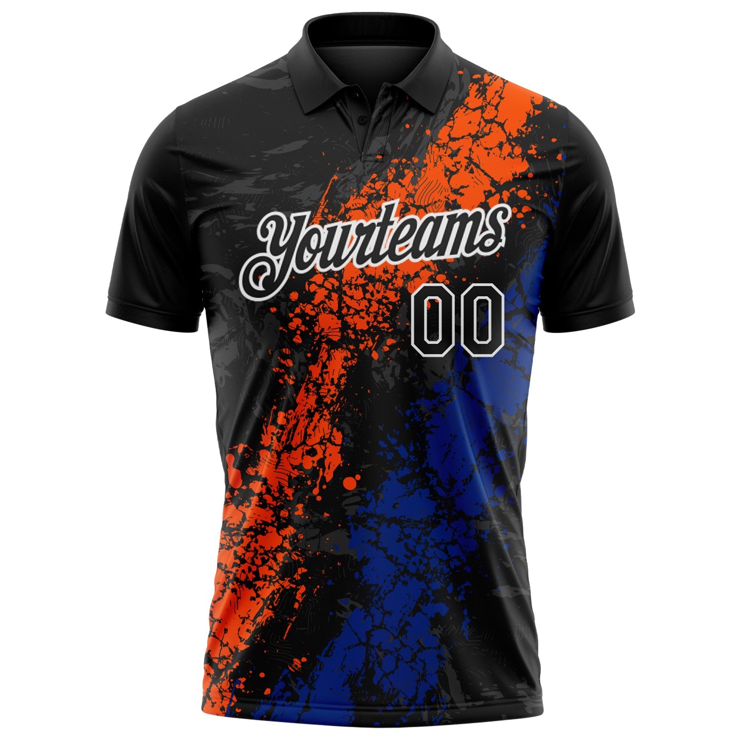 Custom Black Orange Royal-White Dripping Splatter Cracked Texture Performance Polo Shirt view 2