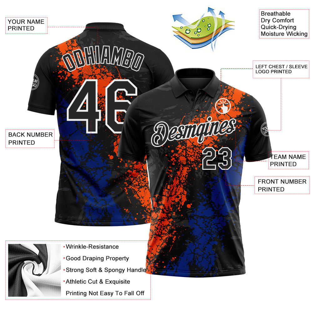 Custom Black Orange Royal-White Dripping Splatter Cracked Texture Performance Polo Shirt view 3