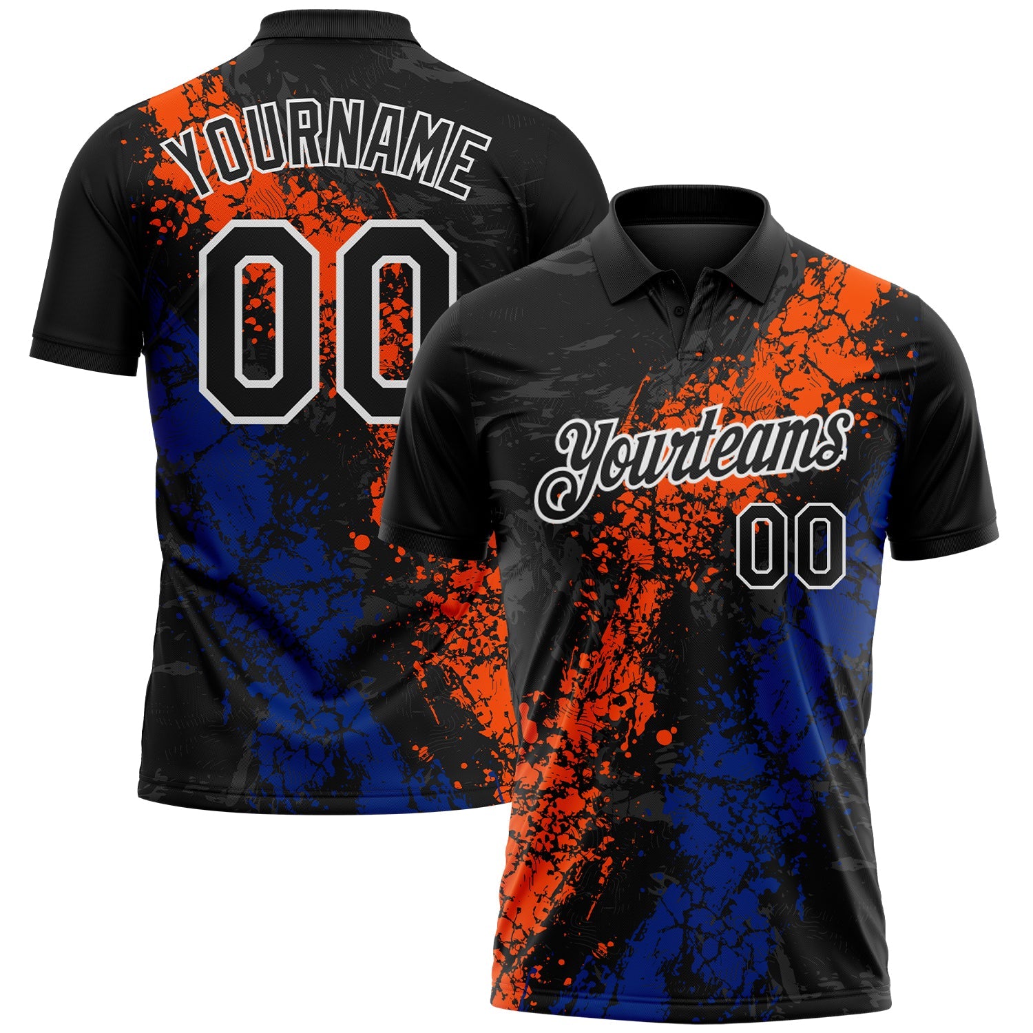 Custom Black Orange Royal-White Dripping Splatter Cracked Texture Performance Polo Shirt - Main View