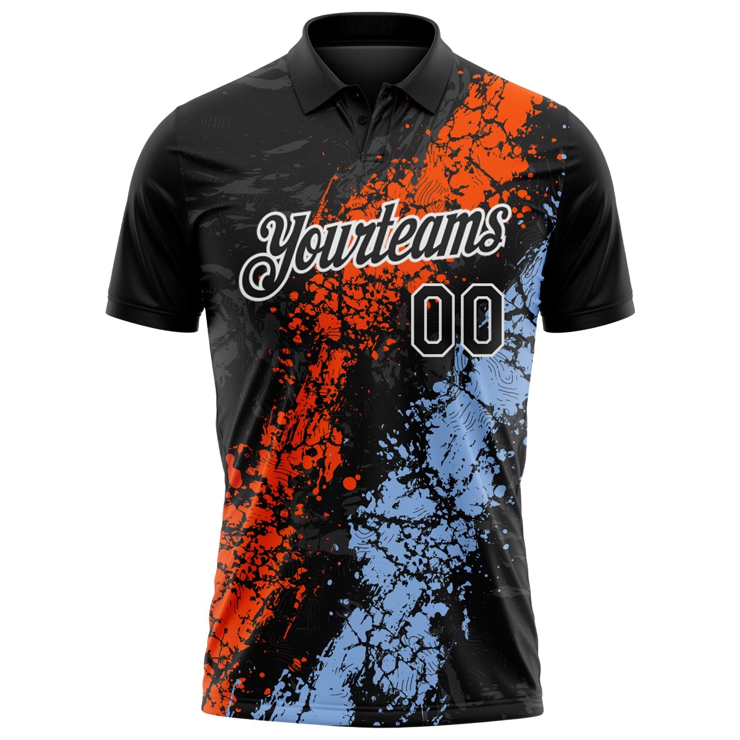 Custom Black Orange Light Blue-White Dripping Splatter Cracked Texture Performance Polo Shirt view 2