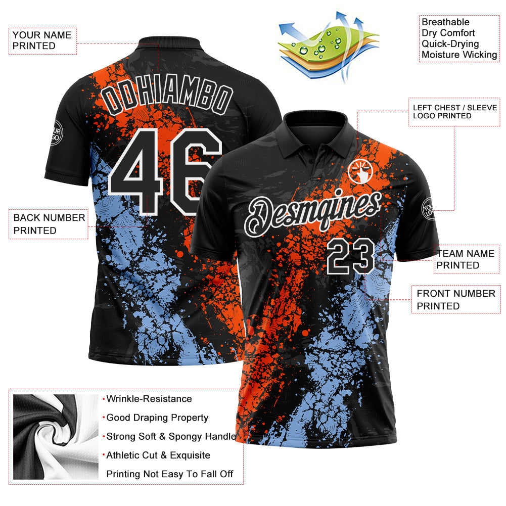 Custom Black Orange Light Blue-White Dripping Splatter Cracked Texture Performance Polo Shirt view 3