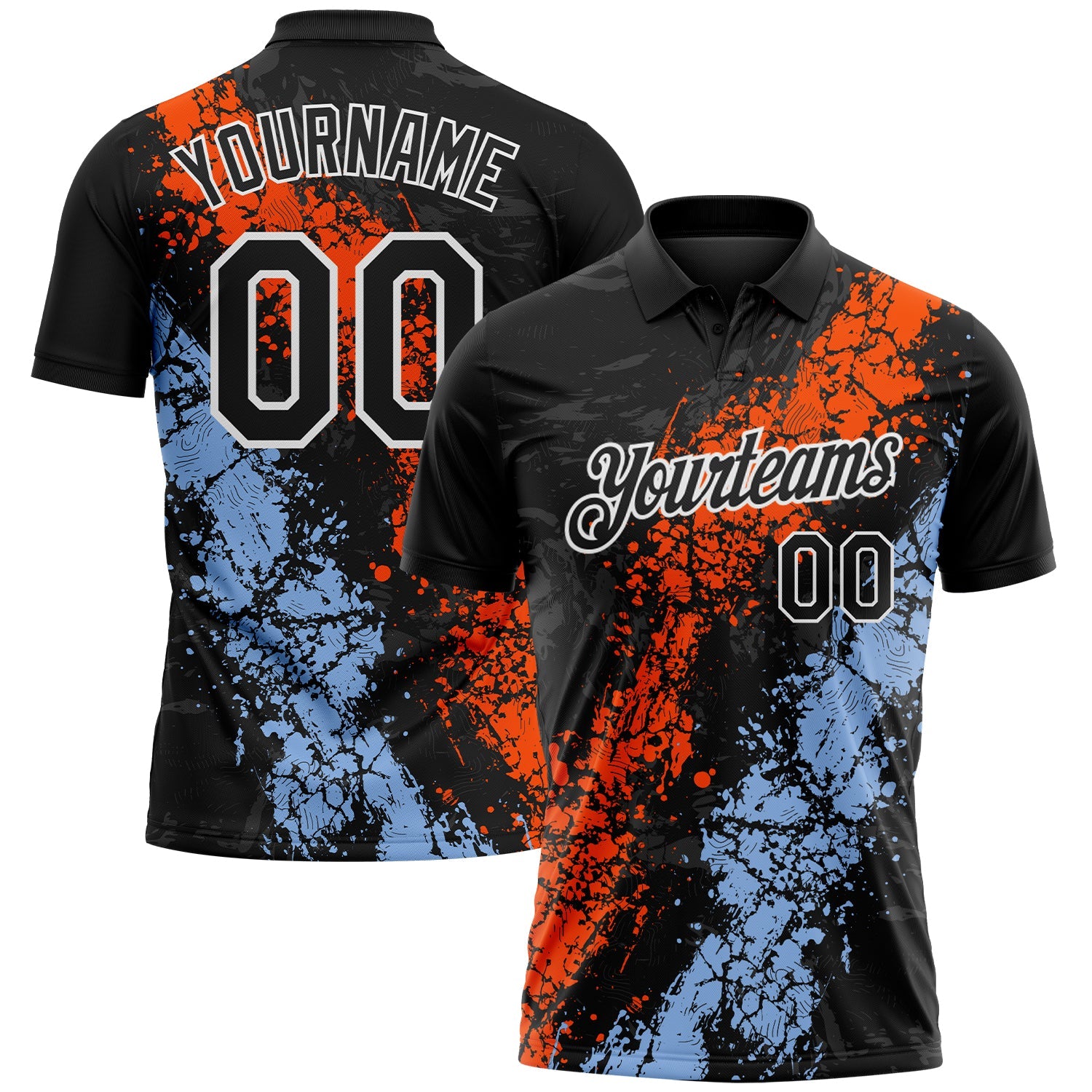 Custom Black Orange Light Blue-White Dripping Splatter Cracked Texture Performance Polo Shirt - Main View
