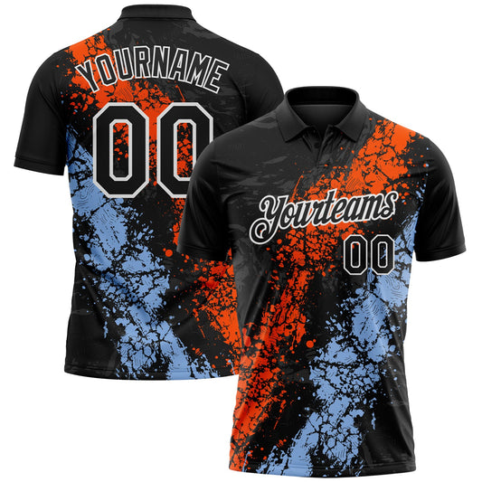 Custom Black Orange Light Blue-White Dripping Splatter Cracked Texture Performance Polo Shirt - Main View