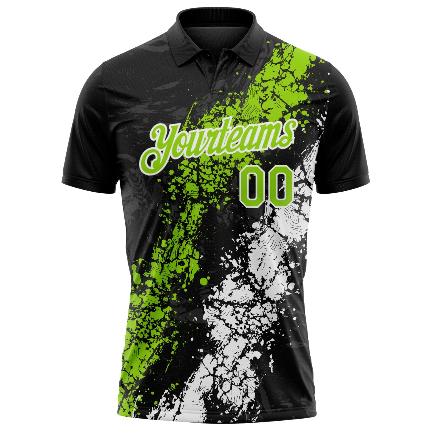 Custom Black Neon Green-White Dripping Splatter Cracked Texture Performance Polo Shirt view 2