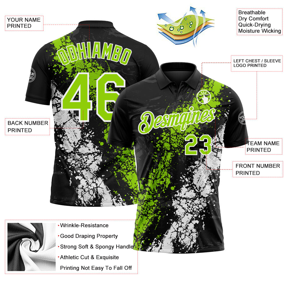 Custom Black Neon Green-White Dripping Splatter Cracked Texture Performance Polo Shirt view 3