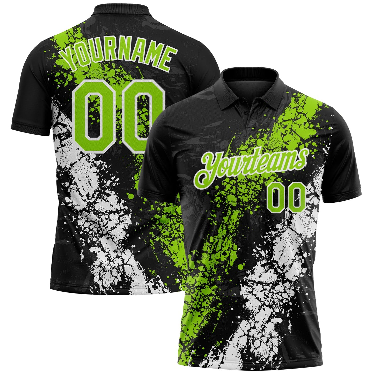 Custom Black Neon Green-White Dripping Splatter Cracked Texture Performance Polo Shirt - Main View