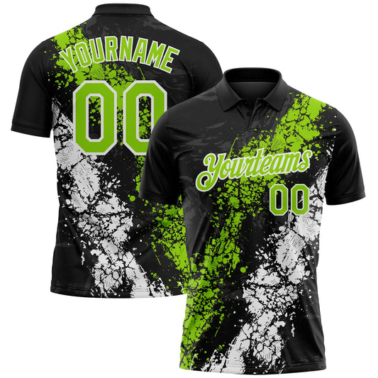 Custom Black Neon Green-White Dripping Splatter Cracked Texture Performance Polo Shirt - Main View