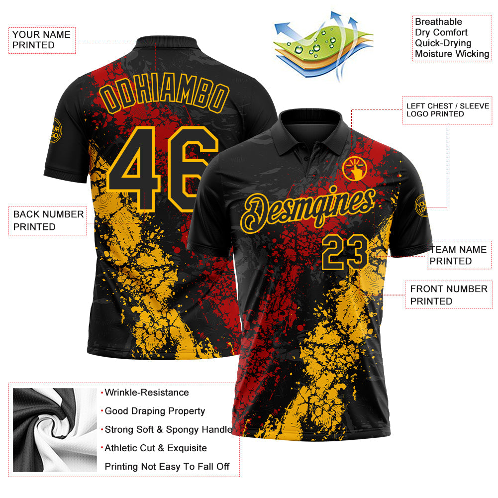 Custom Black Red-Gold Dripping Splatter Cracked Texture Performance Polo Shirt view 3