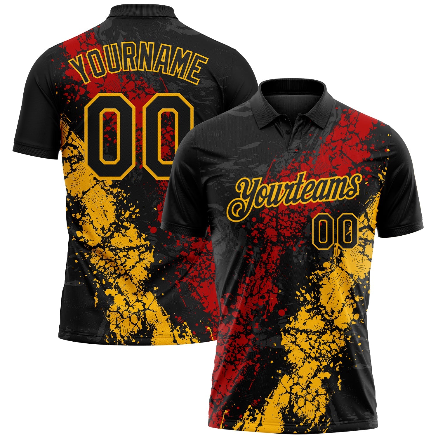 Custom Black Red-Gold Dripping Splatter Cracked Texture Performance Polo Shirt - Main View