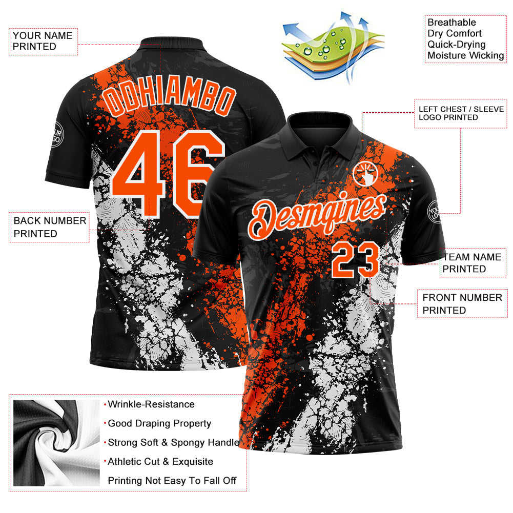 Custom Black Orange-White Dripping Splatter Cracked Texture Performance Polo Shirt view 3