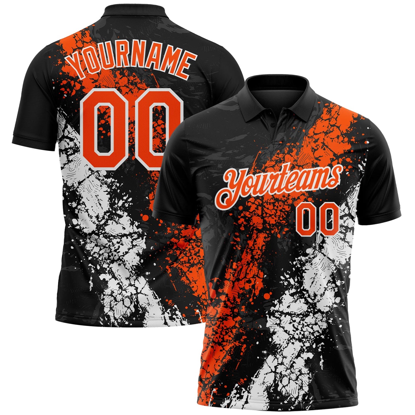 Custom Black Orange-White Dripping Splatter Cracked Texture Performance Polo Shirt - Main View