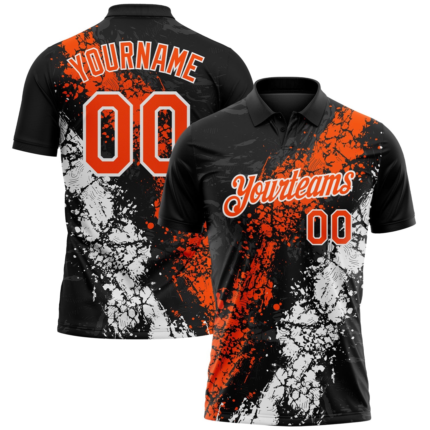 Custom Black Orange-White Dripping Splatter Cracked Texture Performance Polo Shirt - Main View