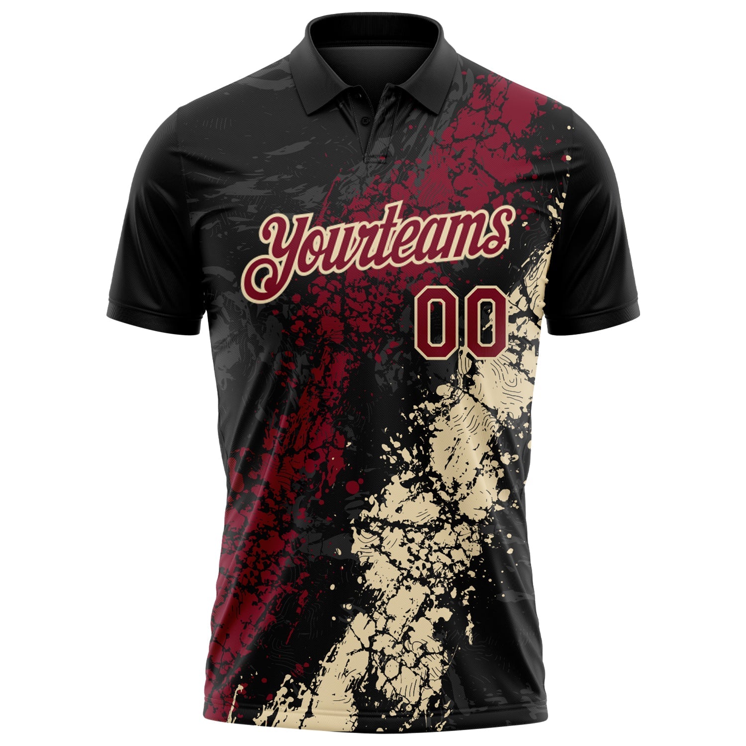 Custom Black Crimson-Cream Dripping Splatter Cracked Texture Performance Polo Shirt view 2